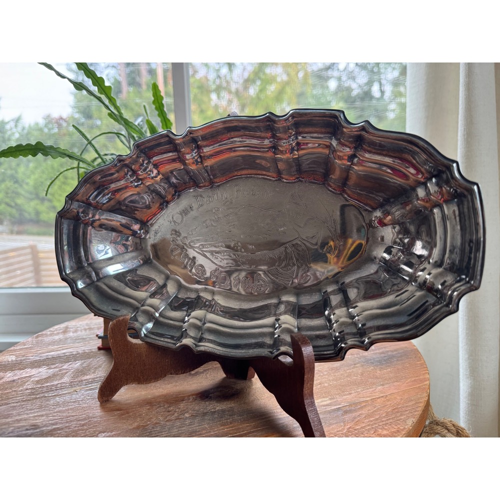 Vintage Silver Plate Praying Hands Bread Tray Give Us This Day Our Daily Bread